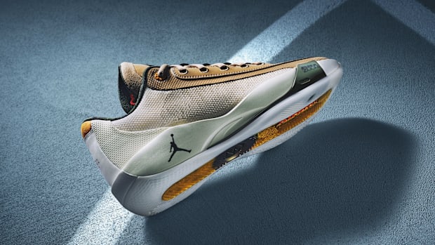 Luka Doncic's brown and white Jordan Brand shoes.