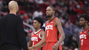 Oct 24, 2025; Houston, Texas, USA; Houston Rockets forward Kevin Durant (7) reacts after a play during the second quarter against the Detroit Pistons at Toyota Center. Mandatory Credit: Troy Taormina-Imagn Images