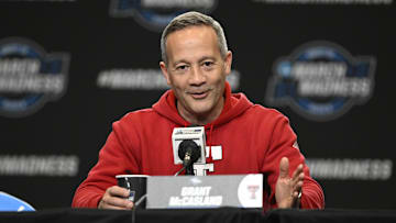 Mar 26, 2025; San Francisco, CA, USA; Texas Tech Red Raiders head coach Grant McCasland addresses the media in a press conference during NCAA Tournament West Regional Practice at Chase Center. Mandatory Credit: Eakin Howard-Imagn Images