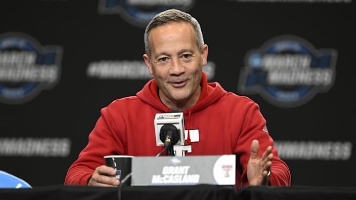 Mar 26, 2025; San Francisco, CA, USA; Texas Tech Red Raiders head coach Grant McCasland addresses the media in a press conference during NCAA Tournament West Regional Practice at Chase Center. Mandatory Credit: Eakin Howard-Imagn Images