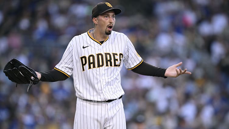 Aug 4, 2023; San Diego, California, USA; San Diego Padres starting pitcher Blake Snell (4) reacts