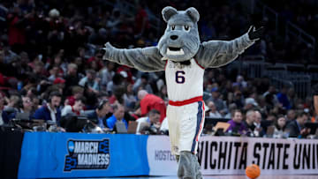 Mar 20, 2025; Wichita, KS, USA; The mascot for the Gonzaga Bulldogs in the second half of a first round men’s NCAA Tournament game against the Georgia Bulldogs at Intrust Bank Arena. Mandatory Credit: Kirby Lee-Imagn Images