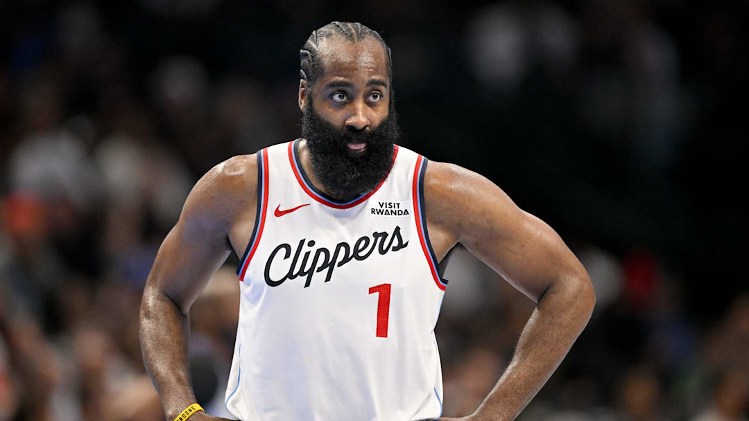 LA Clippers guard James Harden (1) against the Dallas Mavericks in an NBA Cup game at the American Airlines Center.
