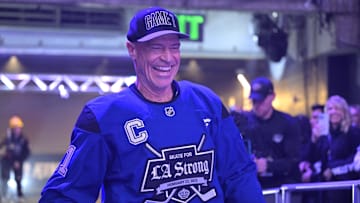 Feb 23, 2025; Los Angeles, CA, USA;  Former NHL player Mark Messier is introduced for the Los Angeles Kings Celebrity Charity Game for LA Wildfire Relief at Crypto.com Arena. teams. Mandatory Credit: Jayne Kamin-Oncea-Imagn Images