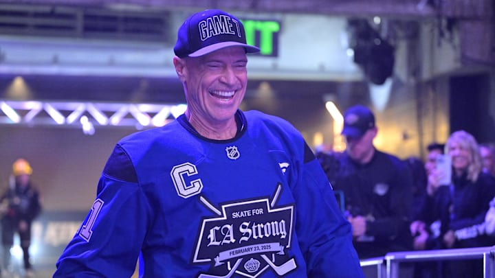 Feb 23, 2025; Los Angeles, CA, USA;  Former NHL player Mark Messier is introduced for the Los Angeles Kings Celebrity Charity Game for LA Wildfire Relief at Crypto.com Arena. teams. Mandatory Credit: Jayne Kamin-Oncea-Imagn Images
