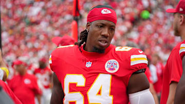 Sep 14, 2025; Kansas City, Missouri, USA; Kansas City Chiefs Wanya Morris (64) during the second half of the game against the Philadelphia Eagles at GEHA Field at Arrowhead Stadium. Mandatory Credit: Denny Medley-Imagn Images