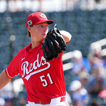 Feb 24, 2025; Goodyear, Arizona, USA; Cincinnati Reds pitcher Brady Singer (51) pitches against the Los Angeles Dodgers during the first inning at Goodyear Ballpark. Mandatory Credit: Joe Camporeale-Imagn Images