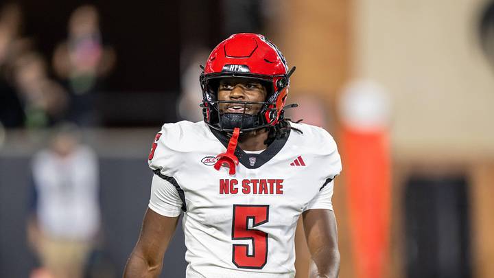 Sep 11, 2025; Winston-Salem, North Carolina, USA;  North Carolina State Wolfpack wide receiver Noah Rogers (5) recovers after an incomplete pass against the Wake Forest Demon Deacons in first half at Allegacy Federal Credit Union Stadium. Mandatory Credit: Luke Jamroz-Imagn Images