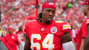 Sep 14, 2025; Kansas City, Missouri, USA; Kansas City Chiefs Wanya Morris (64) during the second half of the game against the Philadelphia Eagles at GEHA Field at Arrowhead Stadium.