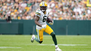 Aug 23, 2025; Green Bay, Wisconsin, USA;  Green Bay Packers wide receiver Mecole Hardman (6) rushes with the football during the second quarter against the Seattle Seahawks at Lambeau Field. Mandatory Credit: Jeff Hanisch-Imagn Images
