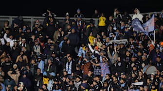 Nov 23, 2025; Chester, Pennsylvania, USA; New York City FC fans react during the game against the Philadelphia Union at Subaru Park. Mandatory Credit: James Lang-Imagn Images