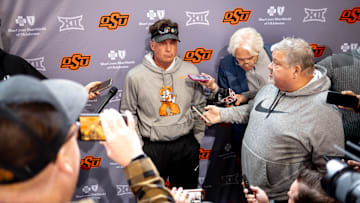 Head coach Mike Gundy talks to the press during a Oklahoma State football practice, in Stillwater, Okla., on Tuesday, April 2, 2024.