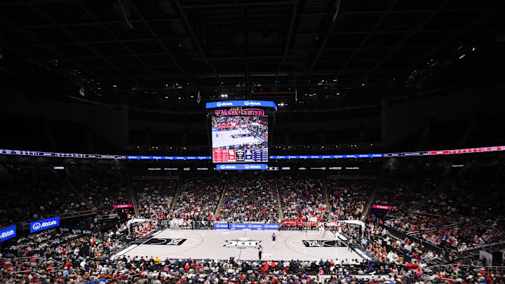 Mar 15, 2025; Kansas City, MO, USA; An overall view during the second half for the Big 12 Conference Tournament Championship game at T-Mobile Center. Mandatory Credit: William Purnell-Imagn Images