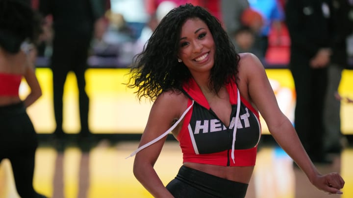 Mar 22, 2024; Miami, Florida, USA;  The Miami Heat dancers perform during the first half of the game against the New Orleans Pelicans at Kaseya Center. Mandatory Credit: Jim Rassol-USA TODAY Sports