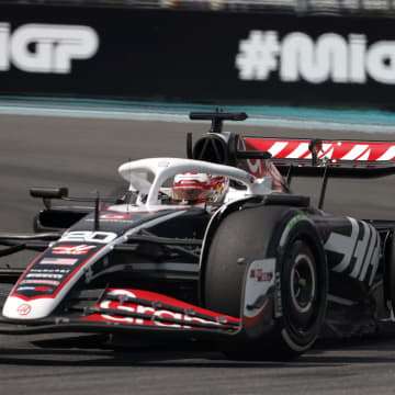 May 5, 2024; Miami Gardens, Florida, USA; Hass drive Kevin Magnussen (20) during the Miami Grand Prix at Miami International Autodrome. Mandatory Credit: Peter Casey-USA TODAY Sports