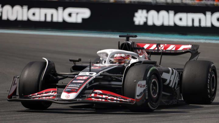 May 5, 2024; Miami Gardens, Florida, USA; Hass drive Kevin Magnussen (20) during the Miami Grand Prix at Miami International Autodrome. Mandatory Credit: Peter Casey-USA TODAY Sports