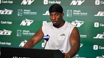 Jun 11, 2025; Florham Park, NY, USA; New York Jets running back Breece Hall (20) speaks at a press conference during minicamp at Atlantic Health Jets Training Center. Mandatory Credit: John Jones-Imagn Images