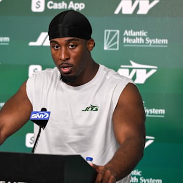 Jun 11, 2025; Florham Park, NY, USA; New York Jets running back Breece Hall (20) speaks at a press conference during minicamp at Atlantic Health Jets Training Center. Mandatory Credit: John Jones-Imagn Images