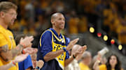 Jun 13, 2025; Indianapolis, Indiana, USA; Reggie Miller applauds during the second half during game four of the 2025 NBA Finals at Gainbridge Fieldhouse. Mandatory Credit: Kyle Terada-Imagn Images