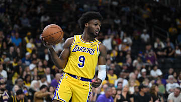 Oct 4, 2024; Palm Desert, California, USA; Los Angeles Lakers guard Bronny James (9) looks to pass against the Minnesota Timberwolves during the second half at Acrisure Arena. Mandatory Credit: Jonathan Hui-Imagn Images