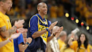 Jun 13, 2025; Indianapolis, Indiana, USA: Reggie Miller applauds during the second half in game four of the 2025 NBA Finals at Gainbridge Fieldhouse. Mandatory Credit: Kyle Terada-Imagn Images