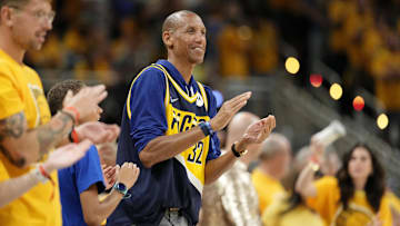 Jun 13, 2025; Indianapolis, Indiana, USA: Reggie Miller applauds during the second half in game four of the 2025 NBA Finals at Gainbridge Fieldhouse. Mandatory Credit: Kyle Terada-Imagn Images
