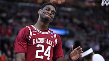 rkansas Razorbacks forward Billy Richmond III (24) reacts after a play during the second half of a second round men’s NCAA Tournament game against the St. John's Red Storm at Amica Mutual Pavilion.