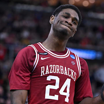 rkansas Razorbacks forward Billy Richmond III (24) reacts after a play during the second half of a second round men’s NCAA Tournament game against the St. John's Red Storm at Amica Mutual Pavilion.