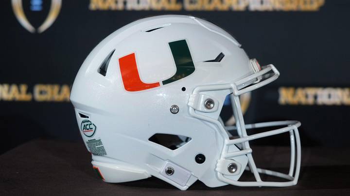 Jan 18, 2026; Miami, FL, USA; A Miami Hurricanes helmet at the CFP head coaches press conference at JW Marriott Marquis Miami. Mandatory Credit: Kirby Lee-Imagn Images