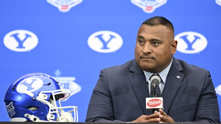 Jul 10, 2024; Las Vegas, NV, USA; BYU Cougars head coach Kalani Sitake speaks to the media during the Big 12 Media Days at Allegiant Stadium. Mandatory Credit: Candice Ward-USA TODAY Sports