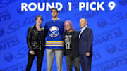 Jun 27, 2025; Los Angeles, California, USA; Radim Mrtka (second from left) poses with John Rzeznik (left) and Robby Takac (second from right) of the Goo Goo Dolls and NHL commissioner Gary Bettman (right) after being selected  as the ninth overall pick to the Buffalo Sabres in the first round of the 2025 NHL Draft at Peacock Theater. Mandatory Credit: Kirby Lee-Imagn Images