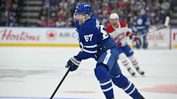 Sep 26, 2024; Toronto, Ontario, CAN;  Toronto Maple Leafs forward Max Pacioretty (67) skates with the puck against the Montreal Canadiens in the first period at Scotiabank Arena. Mandatory Credit: Dan Hamilton-Imagn Images