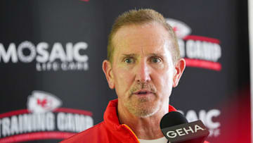Jul 22, 2024; St. Joseph, MO, USA; Kansas City Chiefs defensive coordinator Steve Spagnuolo talks with media after training camp at Missouri Western State University. Mandatory Credit: Denny Medley-Imagn Images
