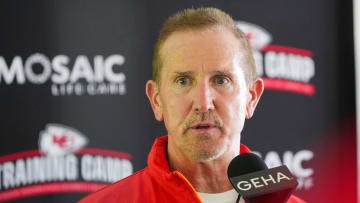 Jul 22, 2024; St. Joseph, MO, USA; Kansas City Chiefs defensive coordinator Steve Spagnuolo talks with media after training camp at Missouri Western State University. Mandatory Credit: Denny Medley-USA TODAY Sports