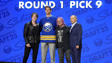 Jun 27, 2025; Los Angeles, California, USA; Radim Mrtka is selected as the ninth overall pick to the Buffalo Sabres in the first round of the 2025 NHL Draft at Peacock Theater. Mandatory Credit: Kirby Lee-Imagn Images
