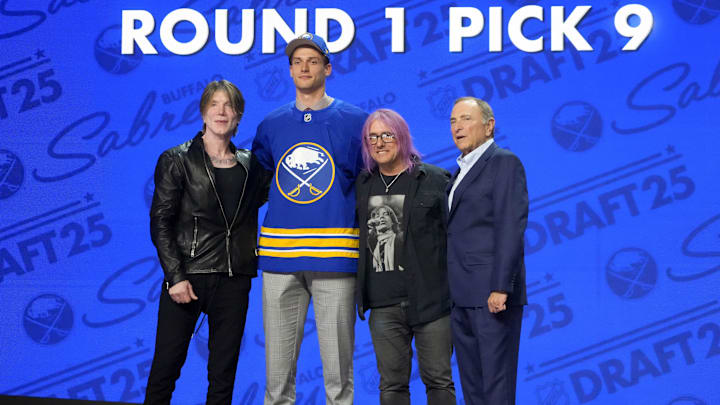 Jun 27, 2025; Los Angeles, California, USA; Radim Mrtka is selected as the ninth overall pick to the Buffalo Sabres in the first round of the 2025 NHL Draft at Peacock Theater. Mandatory Credit: Kirby Lee-Imagn Images