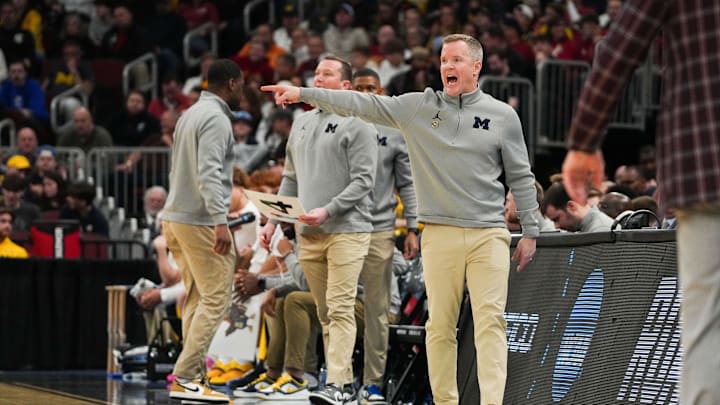 Mar 27, 2026; Chicago, IL, USA; Michigan Wolverines head coach Dusty May reacts in the second half against the Alabama Crimson Tide during a Sweet Sixteen game of the Midwest Regional of the men's 2026 NCAA Tournament at United Center. Mandatory Credit: David Banks-Imagn Images