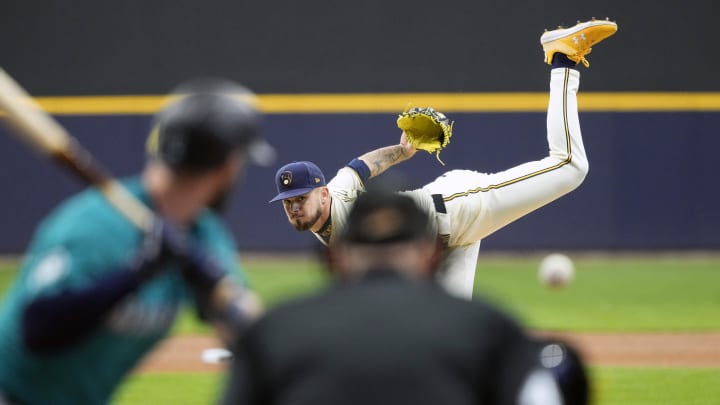 Apr 6, 2024; Milwaukee, Wisconsin, USA;  Milwaukee Brewers pitcher DL Hall (37) throws a pitch during the first inning against the Seattle Mariners at American Family Field. Mandatory Credit: Jeff Hanisch-USA TODAY Sports