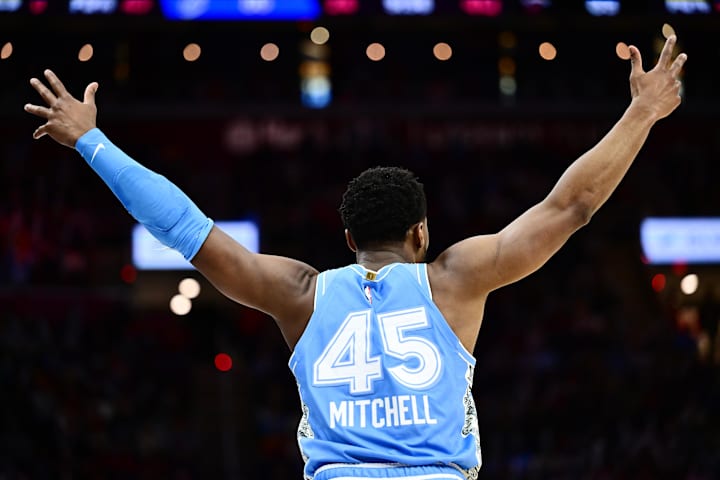 Cleveland Cavaliers guard Donovan Mitchell reacts during the second half against the Miami Heat.