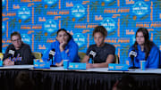 Apr 3, 2025; Tampa, FL, USA; From left: UCLA Bruins head coach Cori Close, center Lauren Betts, guard Kiki Rice and guard Gabriela Jaquez during press conference at Amalie Arena. Mandatory Credit: Kirby Lee-Imagn Images