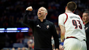 Mar 20, 2025; Lexington, KY, USA; Louisville Cardinals head coach Pat Kelsey reacts from the sidelines during the first half of the game against the Creighton Bluejays in the first round of the NCAA Tournament at Rupp Arena. Mandatory Credit: Jordan Prather-Imagn Images