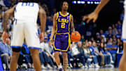 Mar 4, 2025; Lexington, Kentucky, USA; LSU Tigers guard Mike Williams III (2) brings the ball up court during the first half against the Kentucky Wildcats at Rupp Arena at Central Bank Center. Mandatory Credit: Jordan Prather-Imagn Images