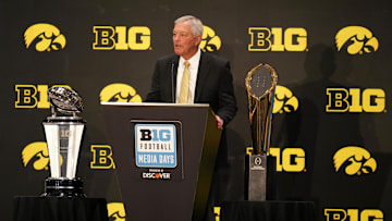 Jul 24, 2025; Las Vegas, NV, USA; Iowa head coach Kirk Ferentz speaks to the media during the Big Ten NCAA college football media days at Mandalay Bay Resort. Mandatory Credit: Lucas Peltier-Imagn Images