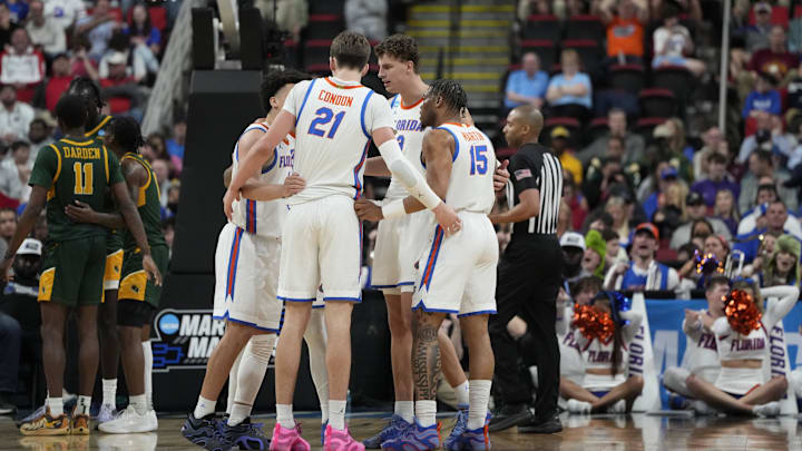 Mar 21, 2025; Raleigh, NC, USA;  Florida Gators huddle during the second half against the Norfolk State Spartans at Lenovo Center. Mandatory Credit: Bob Donnan-Imagn Images