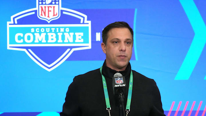 Feb 27, 2024; Indianapolis, IN, USA; Kansas City Chiefs general manager Brett Veach speaks during a press conference at the NFL Scouting Combine at Indiana Convention Center. Mandatory Credit: Kirby Lee-Imagn Images