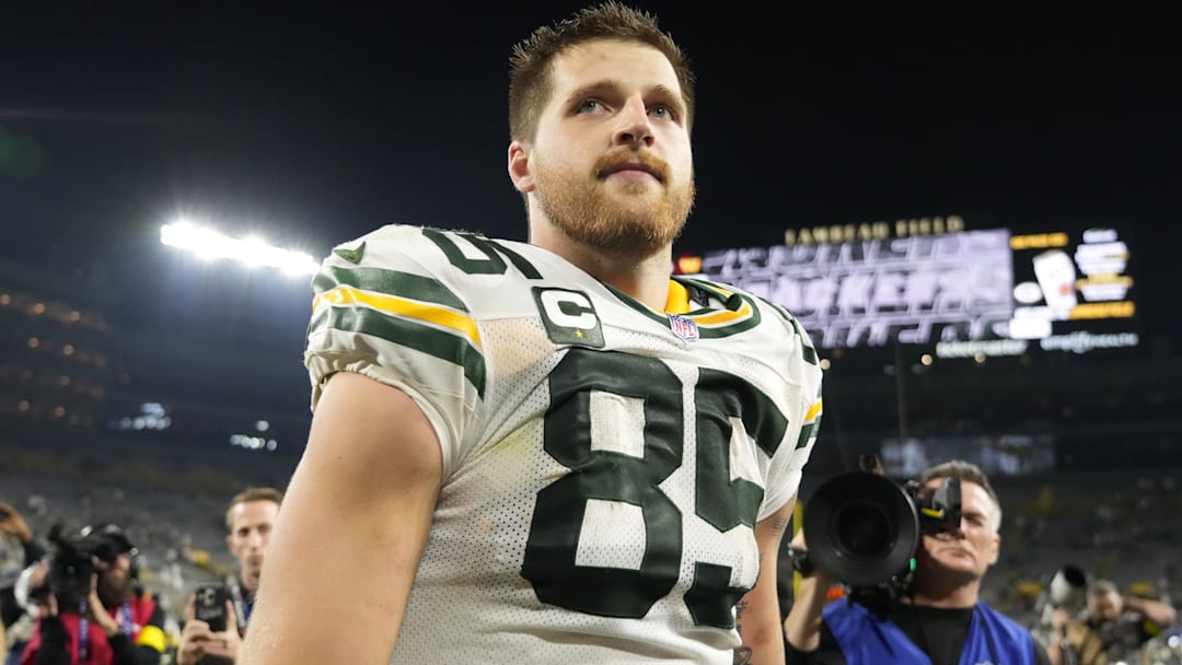 Sep 11, 2025; Green Bay, Wisconsin, USA; Green Bay Packers tight end Tucker Kraft (85) looks on after the game against the Washington Commanders at Lambeau Field. Mandatory Credit: Jeff Hanisch-Imagn Images