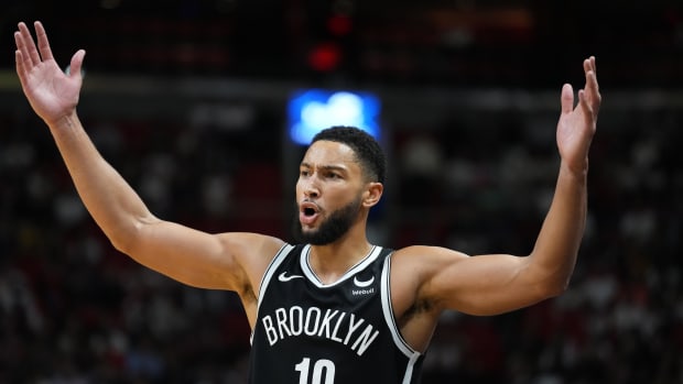 Oct 18, 2023; Miami, Florida, USA; Brooklyn Nets guard Ben Simmons (10) reacts to a call against the Miami Heat during the second half at Kaseya Center. Mandatory Credit: Rich Storry-USA TODAY Sports