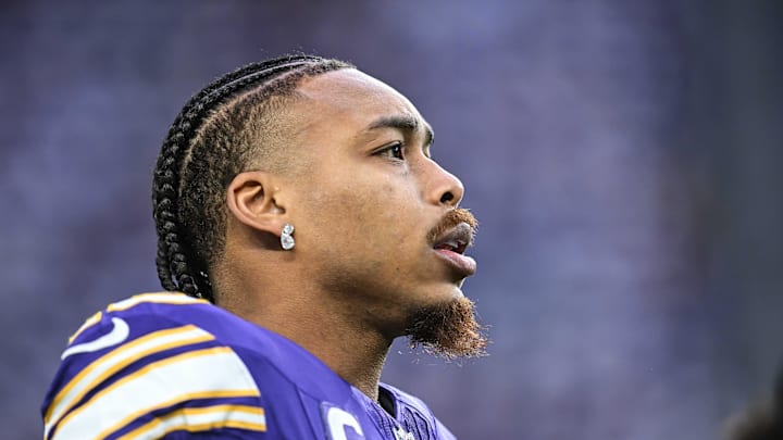 Jan 4, 2026; Minneapolis, Minnesota, USA; Minnesota Vikings wide receiver Justin Jefferson (18) warms up prior to the game against the Green Bay Packers at U.S. Bank Stadium. Mandatory Credit: Jeffrey Becker-Imagn Images