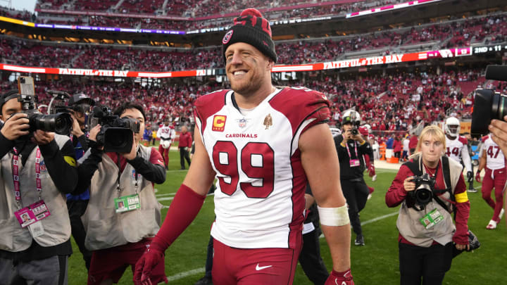 Jan 8, 2023; Santa Clara, California, USA; Arizona Cardinals defensive end J.J. Watt (99) walks on the field after a game against the San Francisco 49ers at Levi's Stadium. Mandatory Credit: Darren Yamashita-USA TODAY Sports