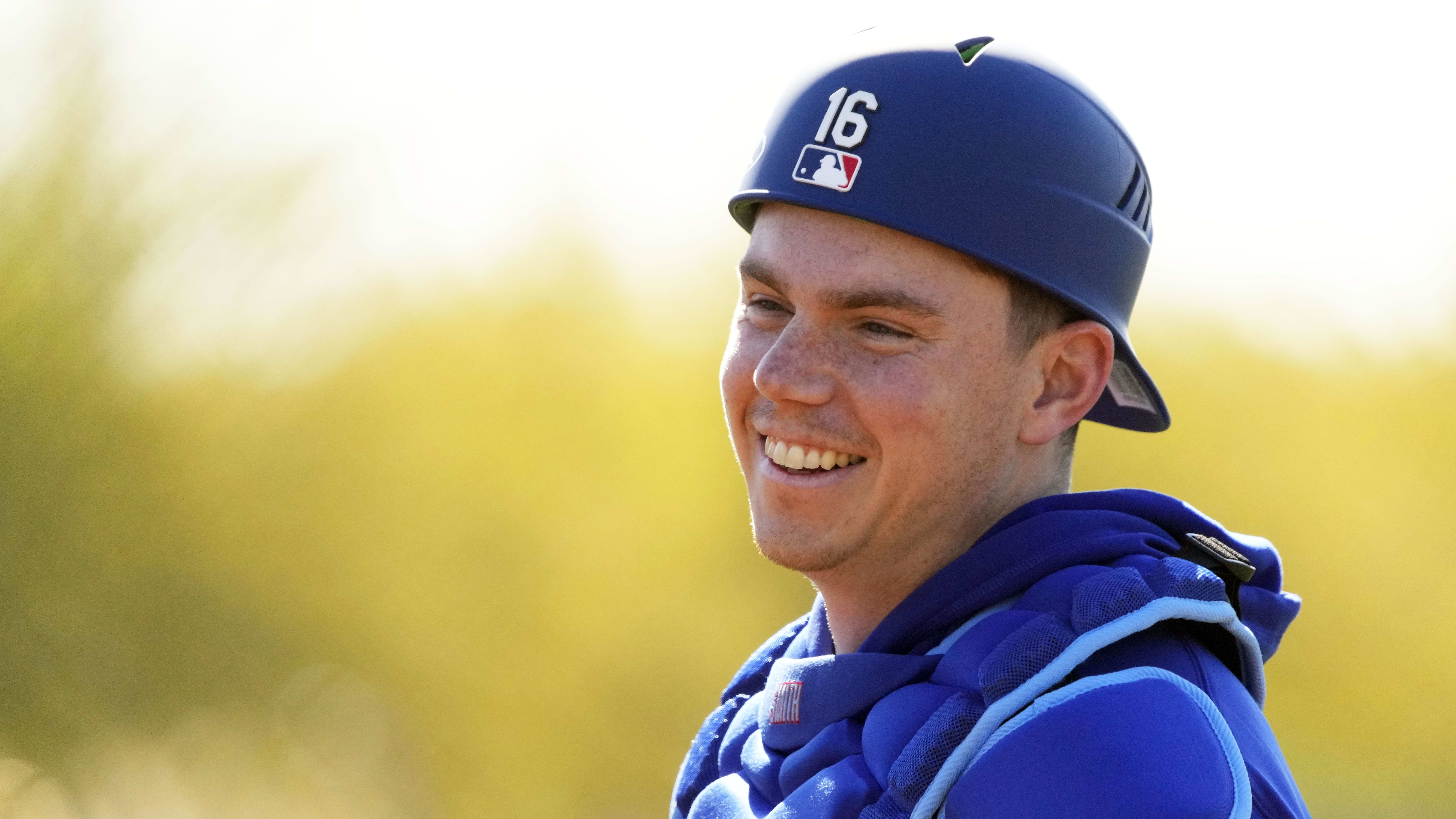 Feb 12, 2024; Glendale, AZ, USA; Los Angeles Dodgers catcher Will Smith (16) warms up during Spring Training.